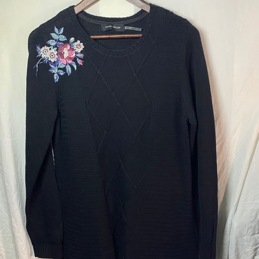 Ivanka Trump Black Crewneck Sweater with Multicolor Floral Embroidery